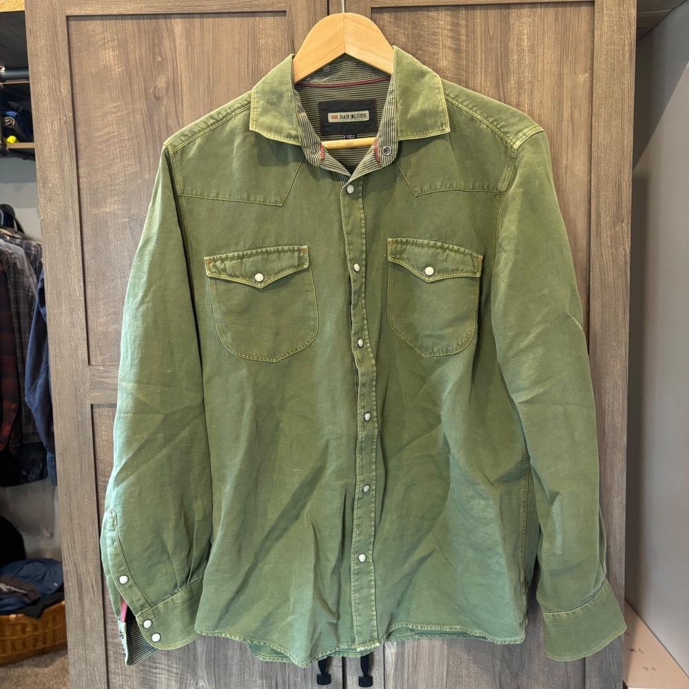 32 Bar Blues Western Poplin shirt Green Pearl Snap Shirt Long Sleeve Size M
